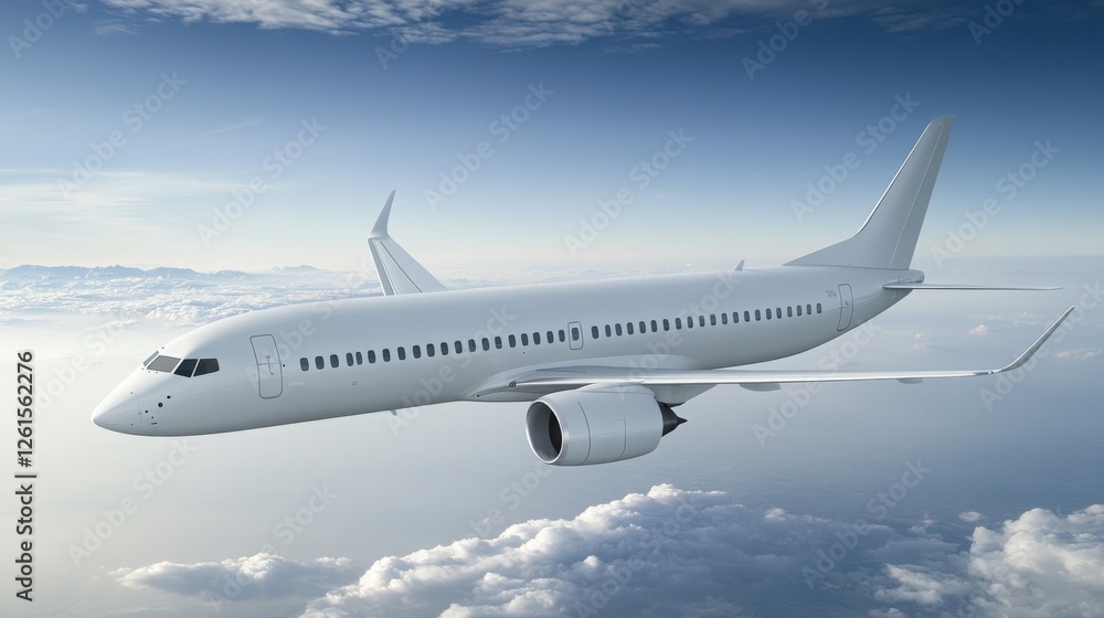 Aerial View of a White Commercial Airplane Flying Through a Clear Blue Sky Surrounded by Soft Clouds, Symbolizing Travel and Adventure in Aviation Aerial View of a White Commercial Airplane Flying Through a Clear Blue Sky Surrounded by Soft Clouds, Symbolizing Travel and Adventure in Aviation