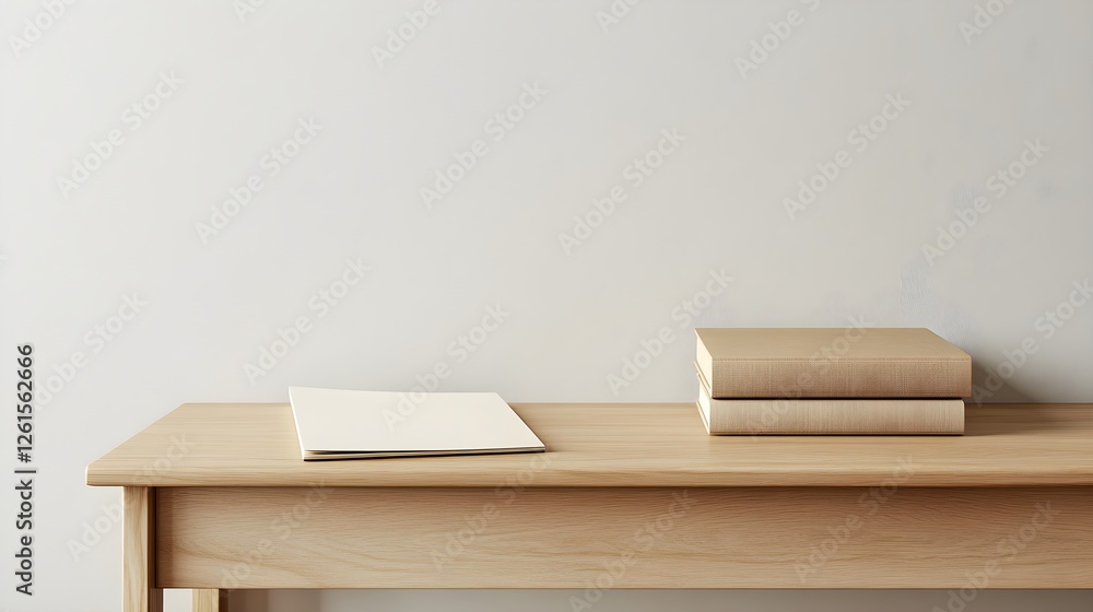 Fototapeta premium Minimalist Wooden Table with Books and Blank Notebook on Surface