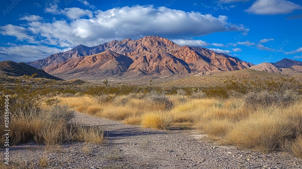 Scenic desert landscape featuring rugged mountains under a blue sky. Scenic desert landscape featuring rugged mountains under a blue sky.