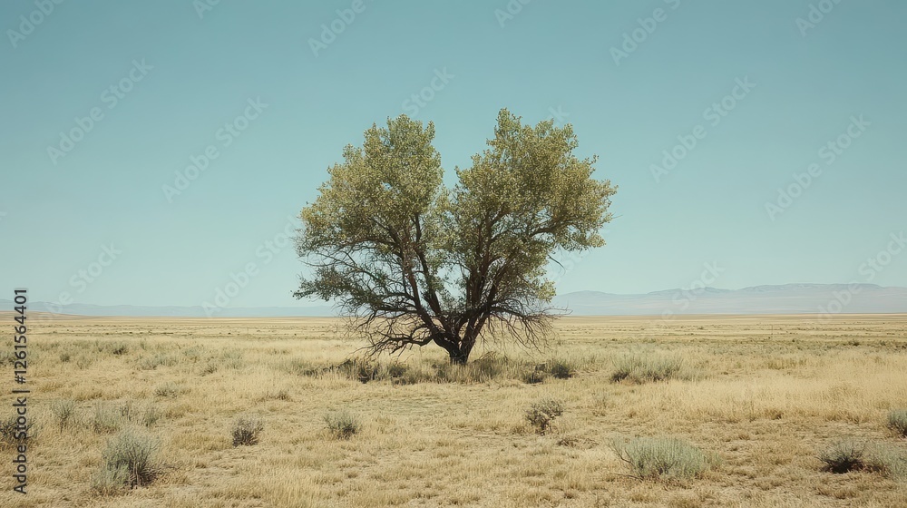 Obraz premium Alone Tree in an Expansive Dry Landscape Under Clear Blue Sky