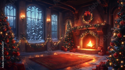 Wallpaper Mural Cozy winter scene with a decorated fireplace and Christmas trees in a festive room. Torontodigital.ca