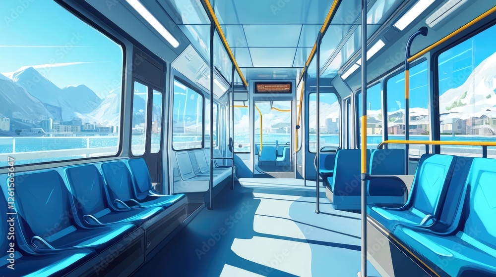 Naklejka premium A bright and airy public bus interior featuring blue seats, large windows, and natural light, offering a clear view of urban transport with room for text or design