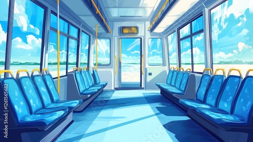 A bright and airy public bus interior featuring blue seats  large windows  and natural light  offering a clear view of urban transport with room for text or design