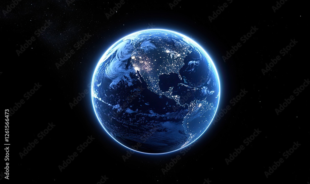 Obraz premium Earth globe, night view, outer space, visible city lights