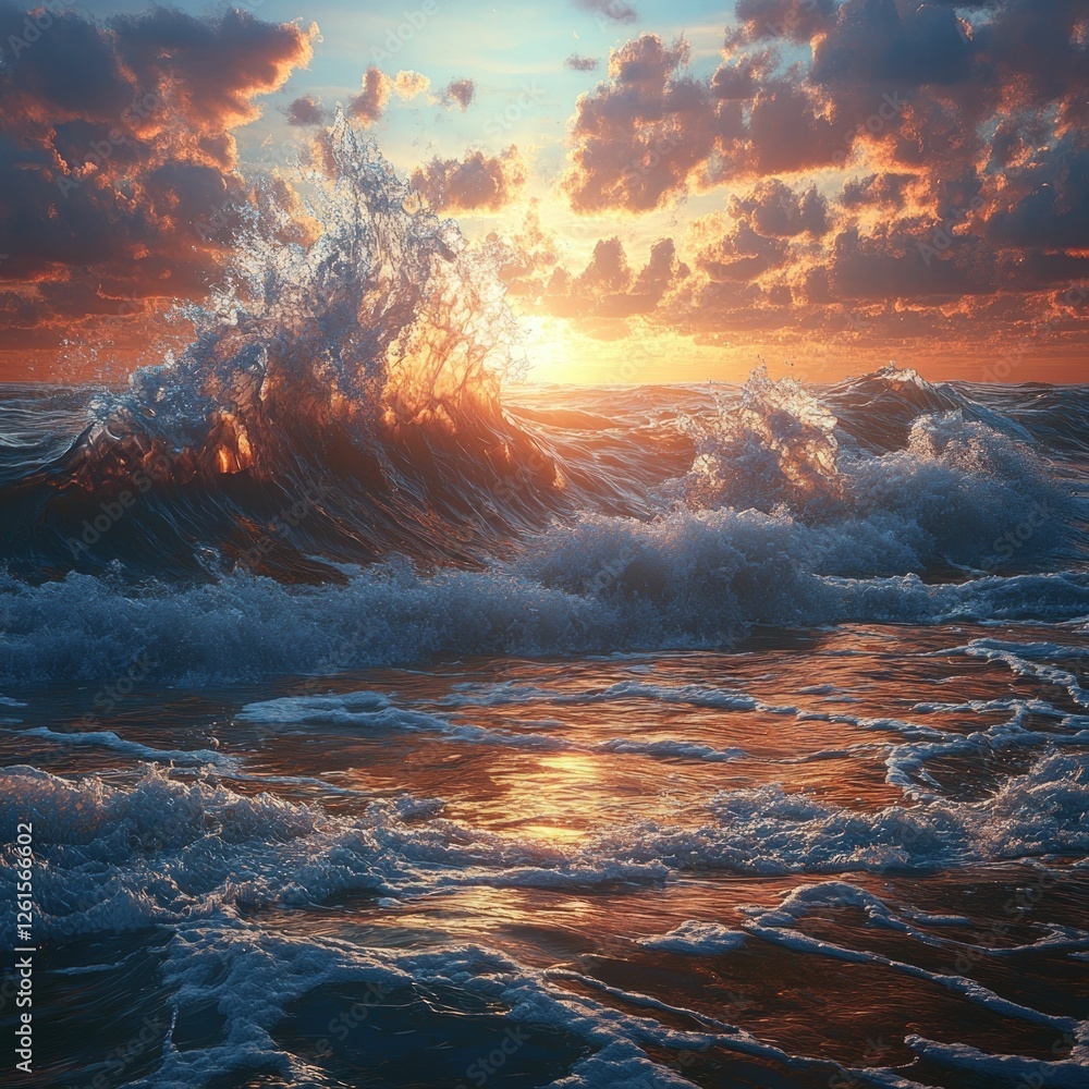 Naklejka premium Ocean waves crash sunset sky dramatic scene