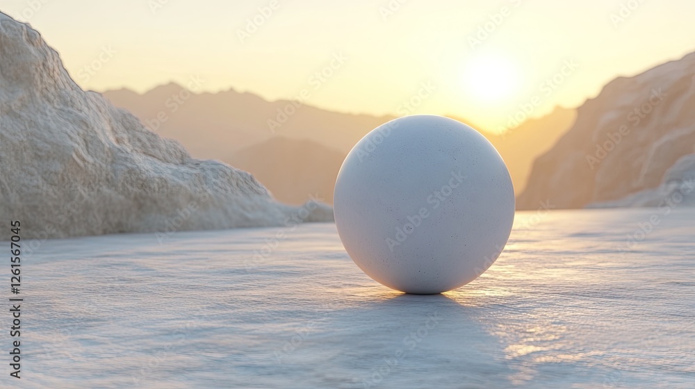 A serene landscape at sunrise featuring a solitary white sphere on a reflective surface A serene landscape at sunrise featuring a solitary white sphere on a reflective surface