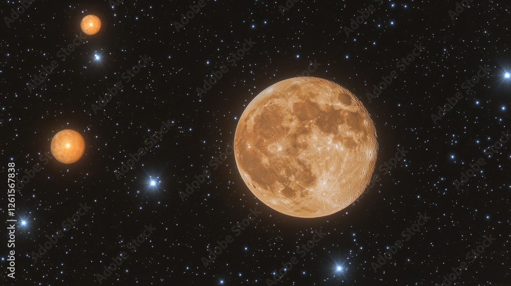 Moon amidst stars and planets, a tranquil celestial alignment in the night sky. Moon amidst stars and planets, a tranquil celestial alignment in the night sky.