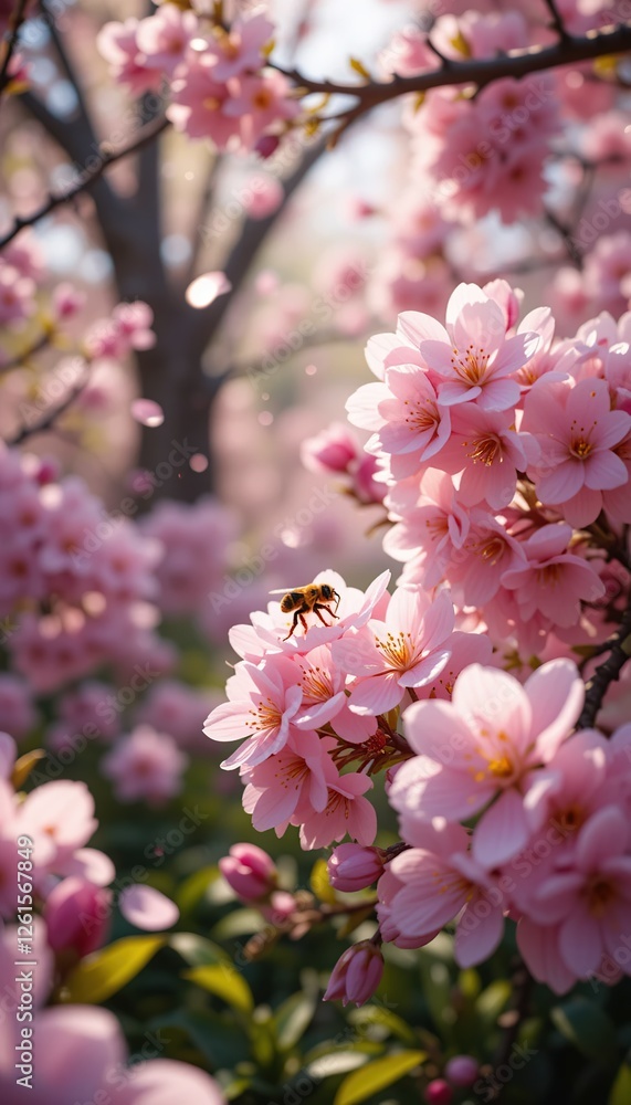 A bustling spring garden filled with blooming cherry blossoms, where a bee is seen darting among the delicate pink flowers A bustling spring garden filled with blooming cherry blossoms, where a bee is seen darting among the delicate pink flowers