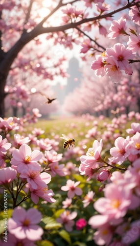 Wallpaper Mural A bustling spring garden filled with blooming cherry blossoms, where a bee is seen darting among the delicate pink flowers Torontodigital.ca
