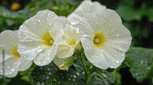 A close-up of fresh white flowers with yellow centers, glistening with rain droplets, surrounded by rich green foliage in a vibrant garden