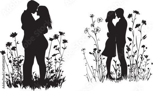 Silhouette of a couple holding each other in a tight hug, standing in a field of flowers vector silhouette