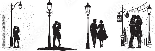 Silhouette of a couple hugging on a snowy street corner, Christmas lights in the background. Silhouette of a couple embracing under a streetlight vector silhouette