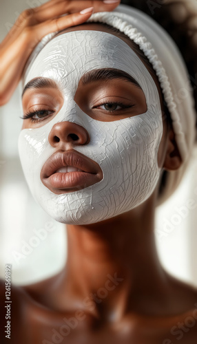 Pure Rejuvenation: Expressive Spa Portrait of a Black Woman with a Hydrating White Face Mask, Emphasizing Natural Beauty and Calm