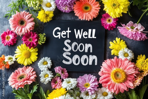 A cheerful "Get Well Soon" message written on a chalkboard, surrounded by flowers. 