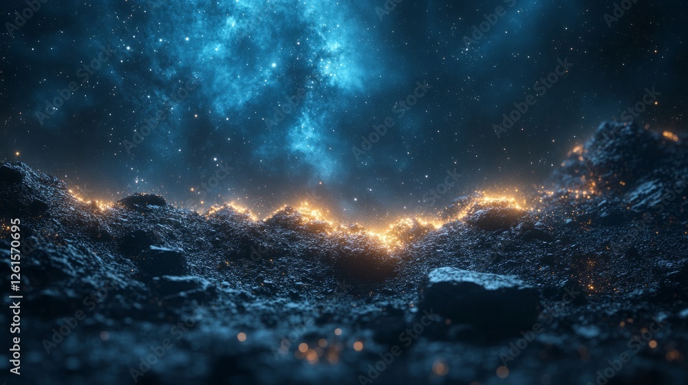 Fototapeta premium Meteorite fragments on rocky terrain, symbolizing cosmic exploration and scientific discovery.