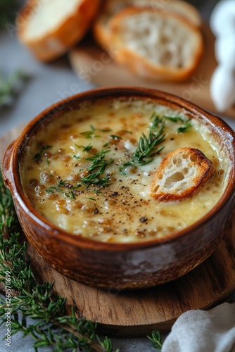 French Onion Soup Delight: A Rustic Brown Bowl of Cheesy Warmth Garnished with Fresh Thyme and a Crispy Bread Crouton on a Cozy Wooden Board
