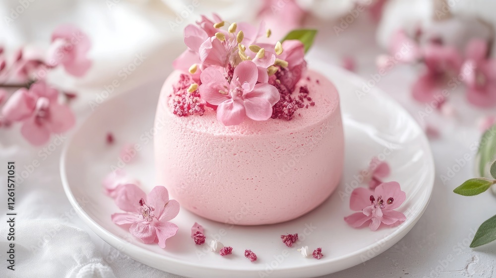 A delicate pink mousse garnished with floral details, elegantly presented on a white plate, creating an upscale, refined atmosphere for desserts or fine dining A delicate pink mousse garnished with floral details, elegantly presented on a white plate, creating an upscale, refined atmosphere for desserts or fine dining