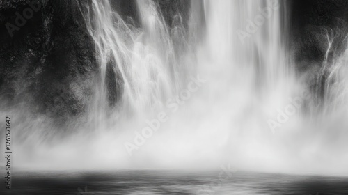 Majestic waterfall cascading down cliff, misty base, serene nature scene, perfect for travel brochures
