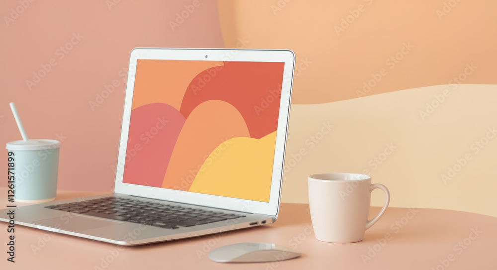 Fototapeta premium A laptop is open on a table with a cup of coffee next to it