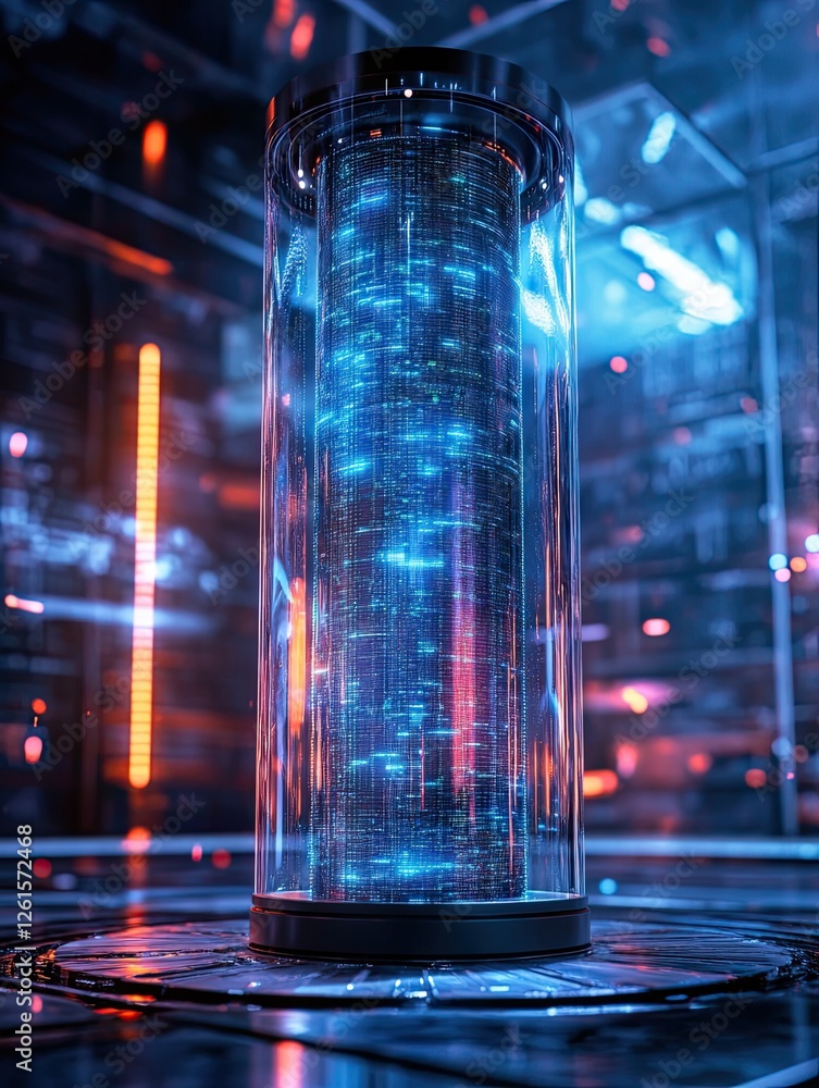 Futuristic data core in server room; glowing blue; technology Futuristic data core in server room; glowing blue; technology