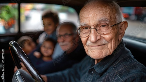 A Timeless Portrait: An Elderly Man's Joyful Ride with Family photo