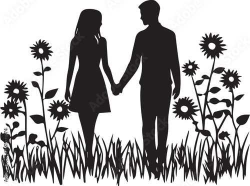 Silhouette of a couple walking through a field of sunflowers vector silhouette