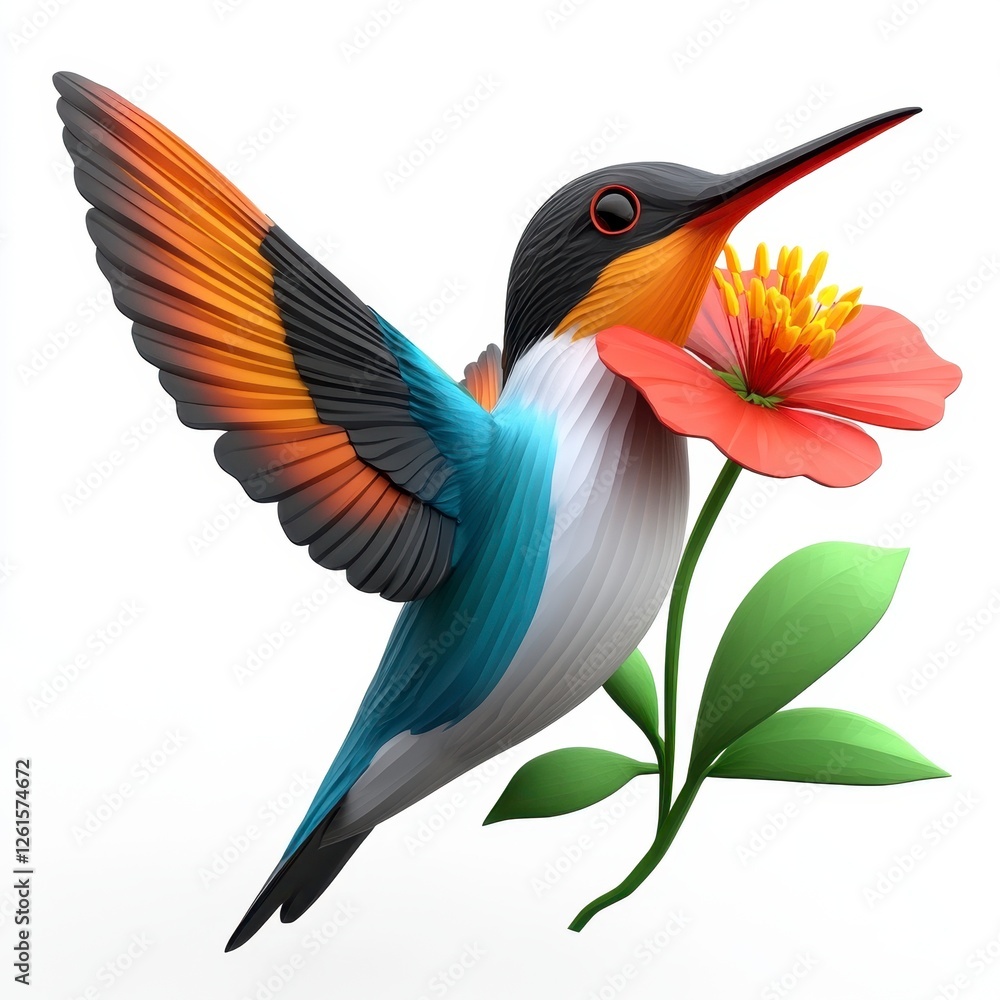 Obraz premium 3D Hummingbird Feeding From Red Flower
