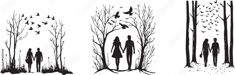 Fototapeta premium Silhouette of a couple walking in a forest, holding hands with birds flying around vector silhouette