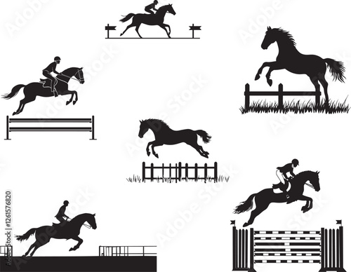 Silhouette of a horse jumping in a show jumping competition, Silhouette of a horse jumping a vertical fence vector silhouette