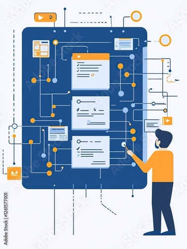 Man planning digital project, workflow chart, office background, website design