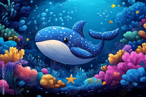 Whale swims coral reef ocean scene, kids book 