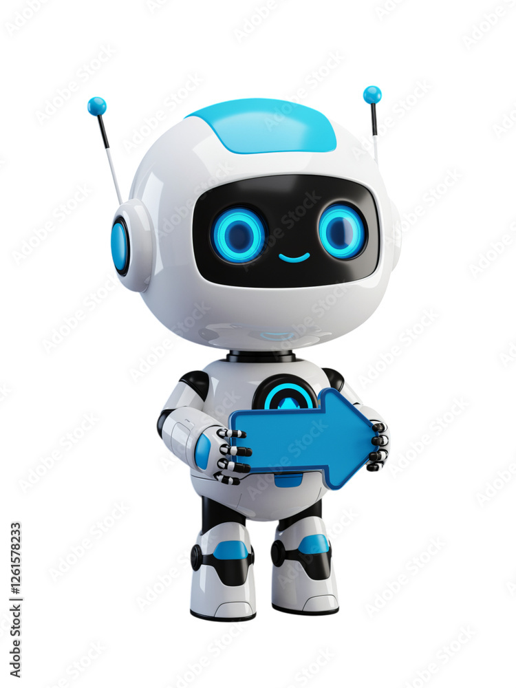 Cute Robot Holding a Blue Arrow, Guiding You to the Future Cute Robot Holding a Blue Arrow, Guiding You to the Future