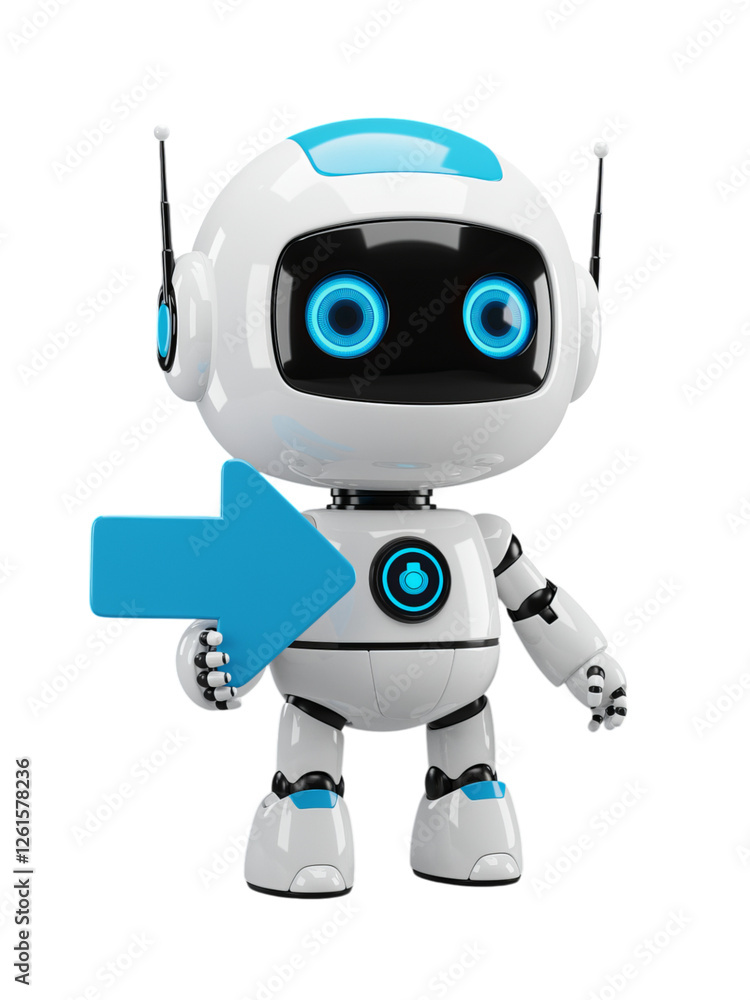 Cute Robot Directing with a Blue Arrow Cute Robot Directing with a Blue Arrow