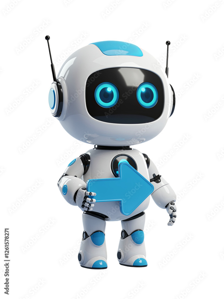 Cute Robot Directing with a Blue Arrow Cute Robot Directing with a Blue Arrow