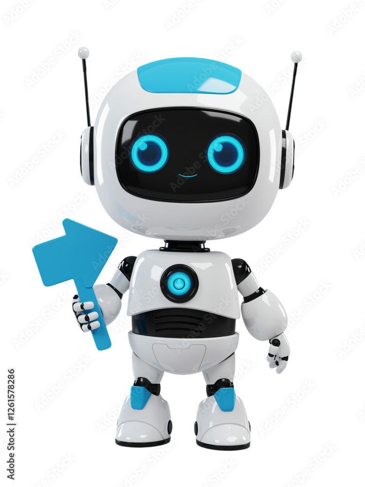 Cute Robot Directing with a Blue Sign Cute Robot Directing with a Blue Sign