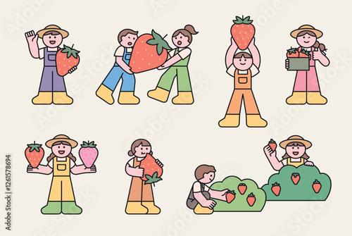 Cute farmers harvesting strawberries in a field. Adorable vector illustration in a minimal and flat style, perfect for organic farming, agriculture, and fresh fruit-related designs.