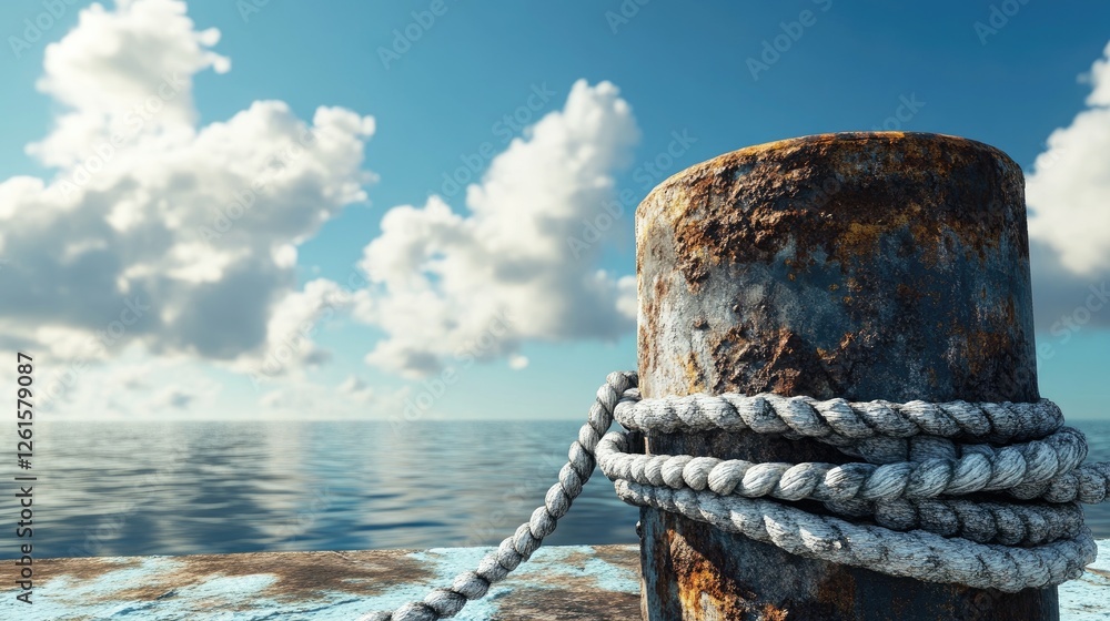 Fototapeta premium A rusty port bollard with thick ropes, bathed in sunlight under a clear blue sky and fluffy clouds, symbolizing the strength and weathering of the maritime industry