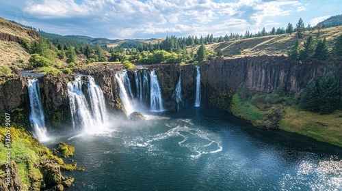 Majestic waterfall cascades into a serene pool, surrounded by lush greenery and hills