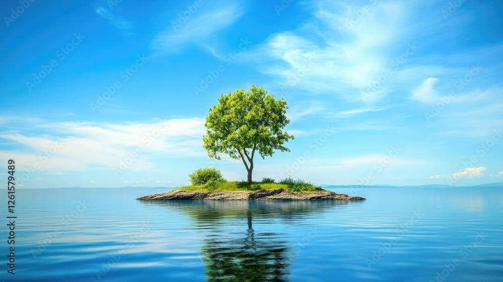 A serene landscape with a single tree on an island surrounded by water, under a bright blue sky, offering a peaceful atmosphere and space for design overlays A serene landscape with a single tree on an island surrounded by water, under a bright blue sky, offering a peaceful atmosphere and space for design overlays