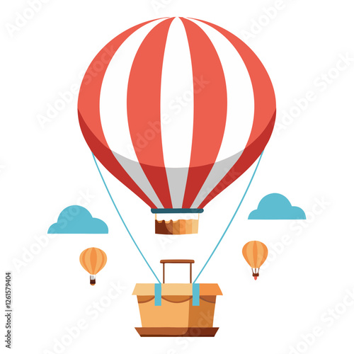 Brightly colored hot air balloon flies high against a blue sky. The striped aerostat carries a cargo basket while smaller balloons drift nearby, creating a vibrant display in the air