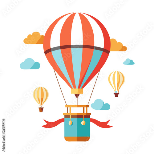 A vibrant striped hot air balloon ascends high into a clear blue sky, surrounded by fluffy clouds. Smaller balloons drift peacefully nearby, creating a joyful atmosphere