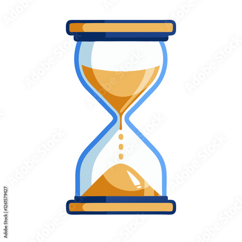 A transparent hourglass clock stands upright, displaying golden sand trickling down slowly. This evokes a sense of time passing as the countdown continues