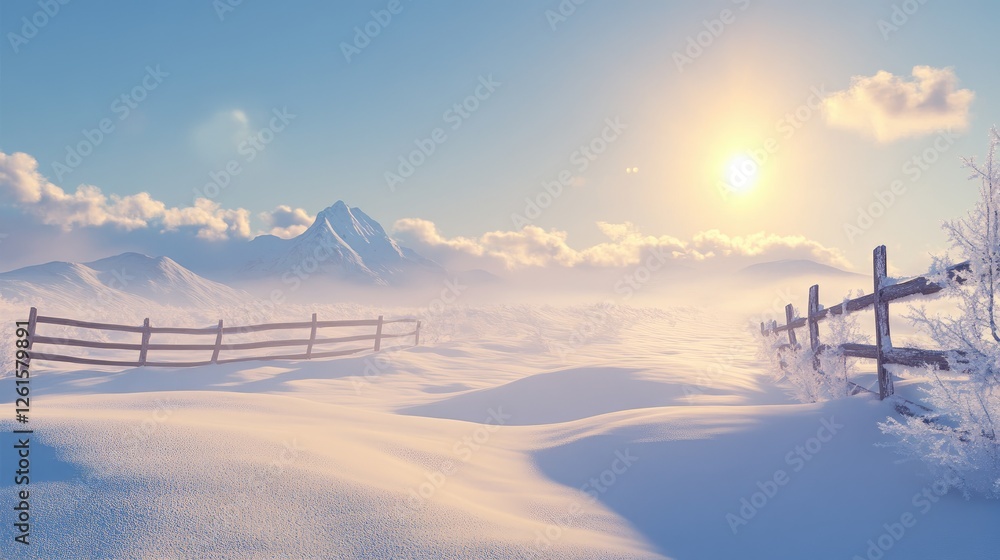 A serene winter wonderland with deep snow drifts shining under the bright sun, a wooden fence half-buried, and a distant mountain range completing the peaceful scene A serene winter wonderland with deep snow drifts shining under the bright sun, a wooden fence half-buried, and a distant mountain range completing the peaceful scene