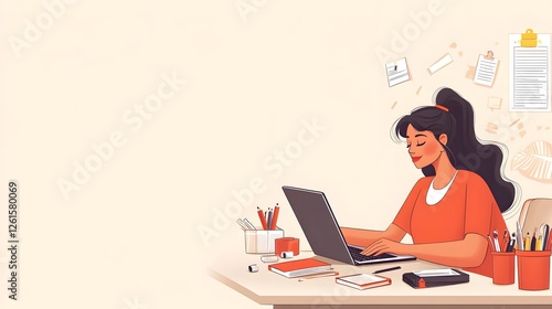 Woman happily working on a laptop at her desk