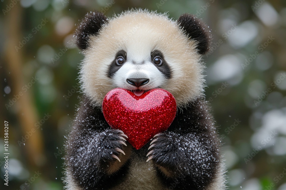 Fototapeta premium Panda - my treasured animal. Cute panda baby with sparkling rhinestones red heart on in a natural habitat. Marketing animal concept pattern idea. Natureâ€™s valentine's day wonder. Wild love.
