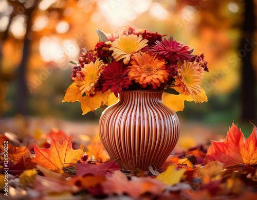 A clay vase filled with vibrant orange and burgundy autumn flowers sits among scattered fall leaves in a warm, sunlit outdoor setting.	