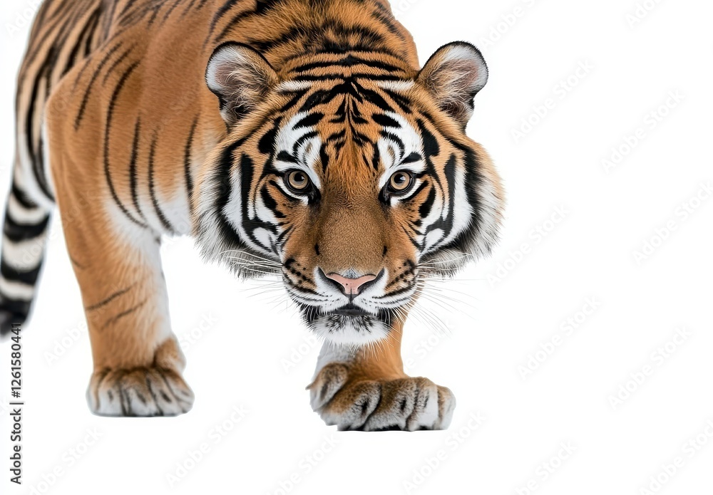 Naklejka premium Majestic Tiger Strolling with Intense Gaze on White Background