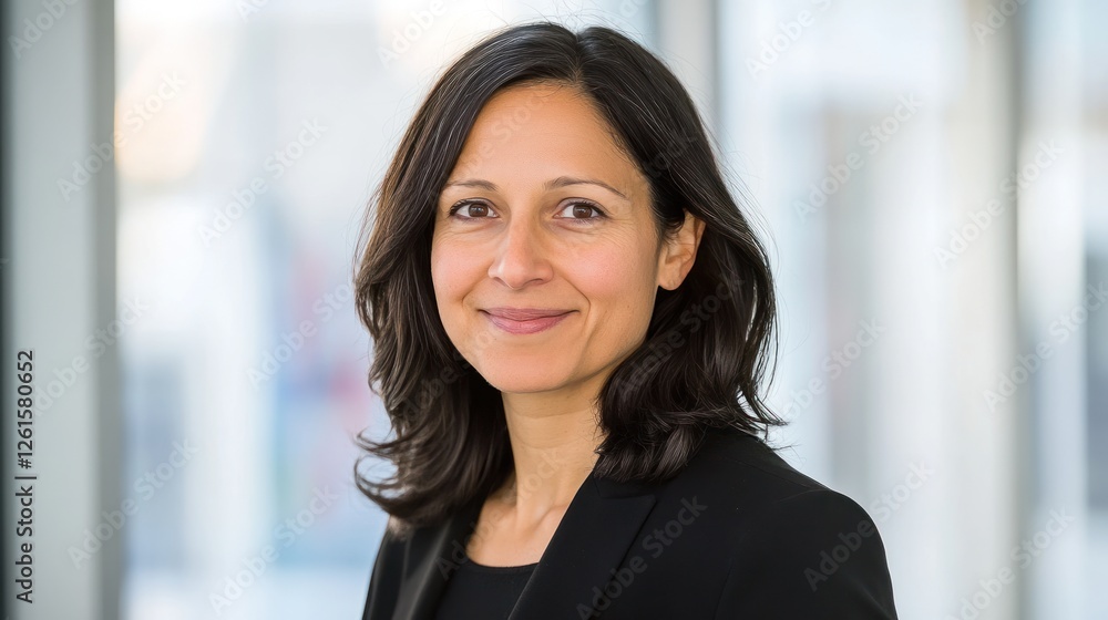 Professional woman smiling confidently in a modern office setting with blurred background Professional woman smiling confidently in a modern office setting with blurred background