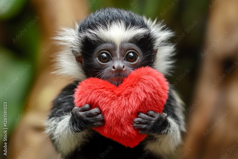 Naklejka premium Cute tamarin baby with fluffy red heart on in a natural habitat. Ad campaign animal visual idea. Tamarin - my desired animal. Love and harmony in wildlife. Cute nature love. Wild lovebirds.