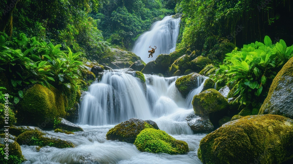 Obraz premium Monkey leaping waterfall lush jungle nature travel